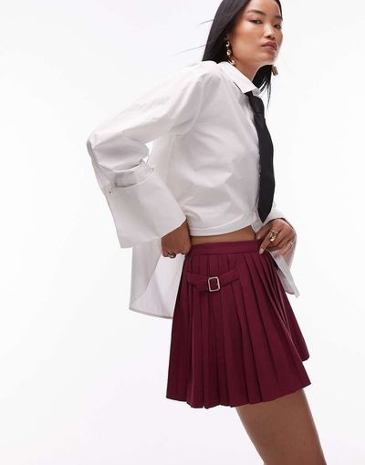 Mango Mango tailored pleated mini skirt with adjustable waist in burgundy