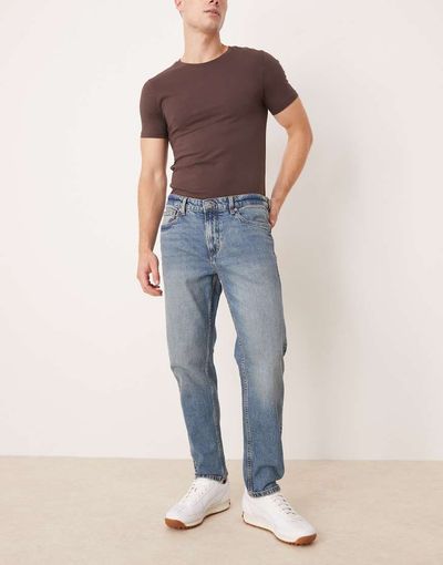 Mango Mango tapered jeans in dark blue rinse wash