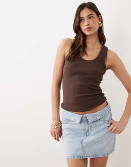 Mango Mango Teen 100% cotton folded waist denim mini skirt in bleach wash-Blue