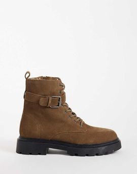 Mango Mango Teen 100% leather suede buckle detail moto boot in brown