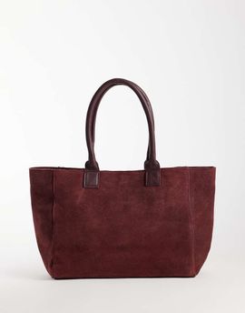 Mango Mango Teen 100% leather suede tote bag in burgundy-RED
