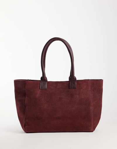 Mango Mango Teen 100% leather suede tote bag in burgundy-RED