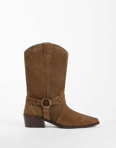 Mango Mango Teen 100% leather western boot in sand-NEUTRAL