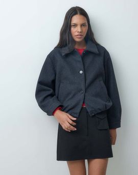 Mango Mango Teen bubble hem button through short jacket in navy stripe
