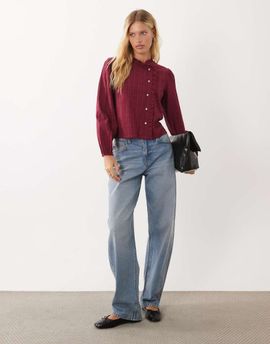 Mango Mango Teen button detail blouse in burgundy check-RED