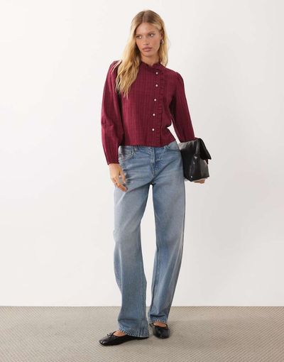Mango Mango Teen button detail blouse in burgundy check-RED