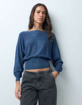 Mango Mango Teen cinched waist boat neck knitted top in petrol blue