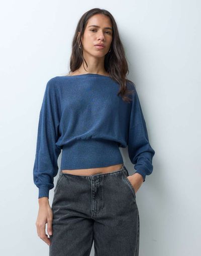 Mango Mango Teen cinched waist boat neck knitted top in petrol blue