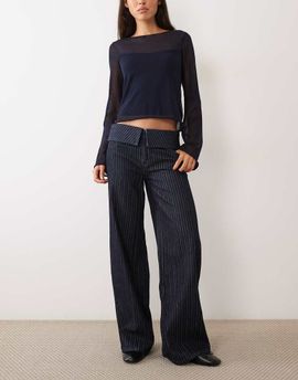 Mango Mango Teen folded waist straight jeans in indigo striped print-Blue
