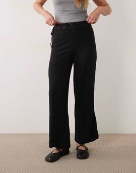 Mango Mango Teen foldover waist embroidery detail trouser in black
