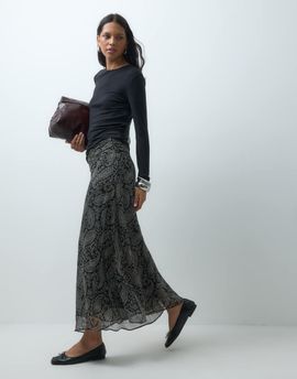 Mango Mango Teen hanky hem midi skirt in black print