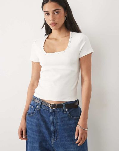 Mango Mango Teen lace up detailing t-shirt in black-White