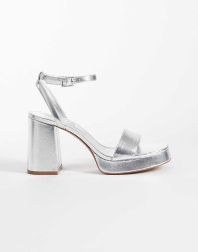 Mango Mango Teen platform block heeled sandals in silver