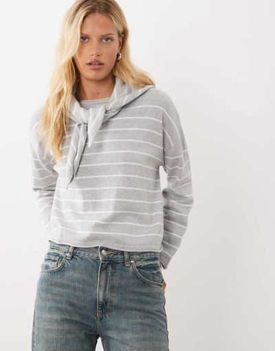 Mango Mango Teen scarf detail sweater in gray stripe