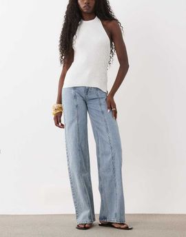 Mango Mango Teen seam front straight leg jeans in acid wash-Blue