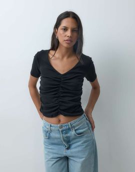 Mango Mango Teen short sleeve ruched t-shirt in black