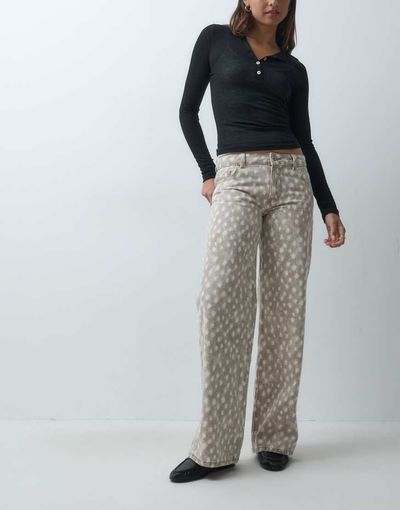 Mango Mango Teen straight jean in beige deer print-NEUTRAL