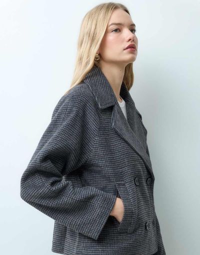 Mango Mango Teen wool mix cropped trench in gray check print