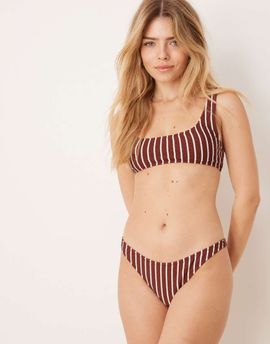 Mango Mango textured square neck striped bikini top in brown