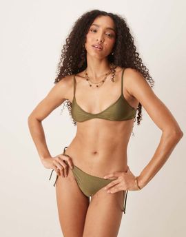 Mango Mango tie side bikini bottoms in olive green