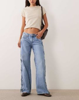 Mango Mango tie side leg detail straight leg jean in light blue
