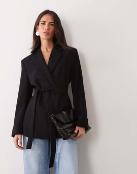 Mango Mango tie waist blazer in black