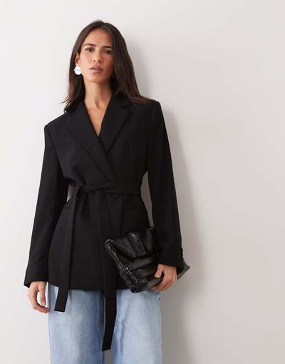 Mango Mango tie waist blazer in black
