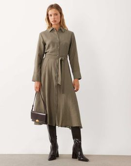 Mango Mango tie waist midi shirt dress in green stripes