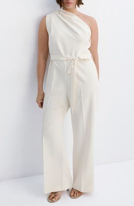 MANGO MANGO Tie Waist One-Shoulder Jumpsuit