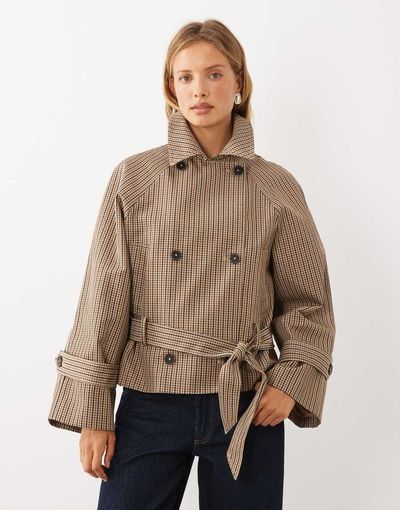 Mango Mango tie waist trench coat in beige plaid print-Neutral