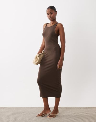 Mango Mango twist strap jersey midi dress in brown