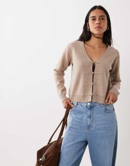 Mango Mango v neck knit cardigan with mandarin buttons in light brown