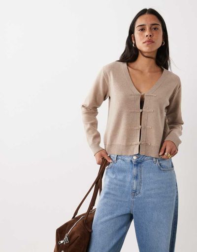 Mango Mango v neck knit cardigan with mandarin buttons in light brown