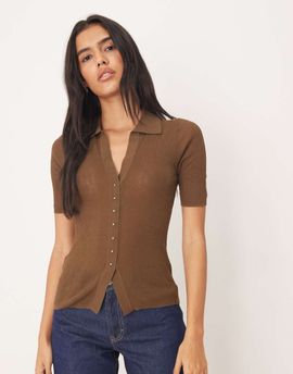 Mango Mango v neck knit short sleeve polo top in brown