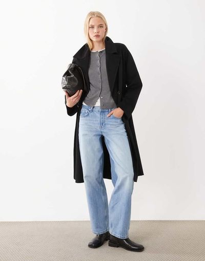 Mango Mango wool mix double breasted midi coat in black