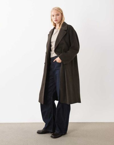 Mango Mango wool mix double breasted midi coat in brown plaid