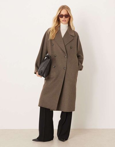Mango Mango wool mix double breasted midi coat in light brown
