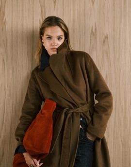Mango Mango wool mix longline tie waist coat in brown-Neutral