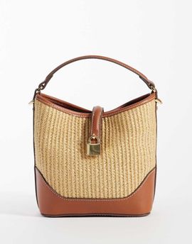 Mango Mango woven bucket bag with buckle in beige-Neutral
