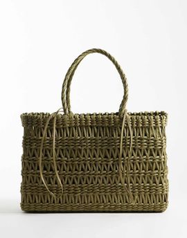 Mango Mango woven tote bag in khaki-Green