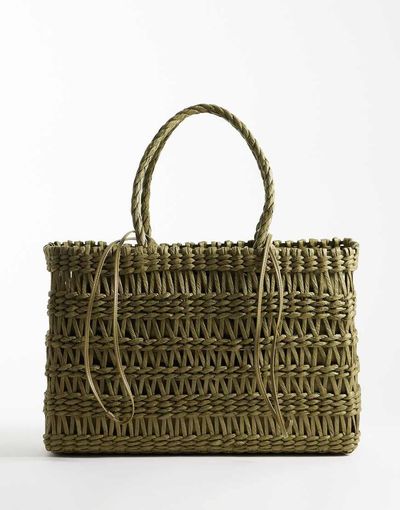 Mango Mango woven tote bag in khaki-Green