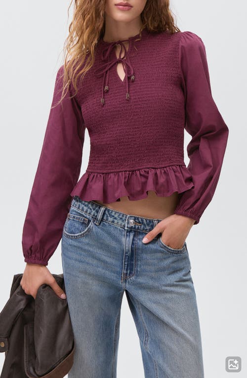 MANGO TEEN MANGO TEEN Smocked Tie Neck Cotton Peplum Top