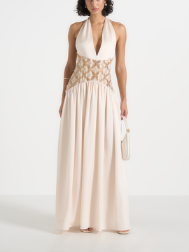 Manière De Voir Manière De Voir Ava Halterneck Embellished Corset Gathered Maxi Dress