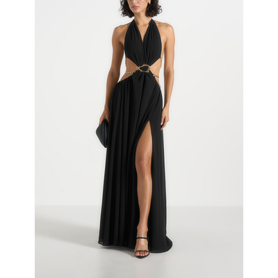 Manière De Voir Manière De Voir June Chain Belt Cut-Out Georgette Halter Maxi Dress