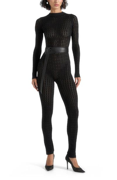 Manière De Voir Manière De Voir Tiana Pointelle Knit Long Sleeve Jumpsuit with Belt