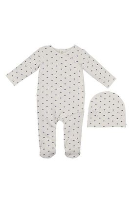 Manière Manière Crown Print Cotton Blend Wrap Footie & Beanie Set
