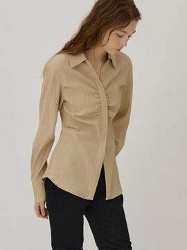 MANNON Bell Shirring Pleated Slim Fit Blouse [Beige]