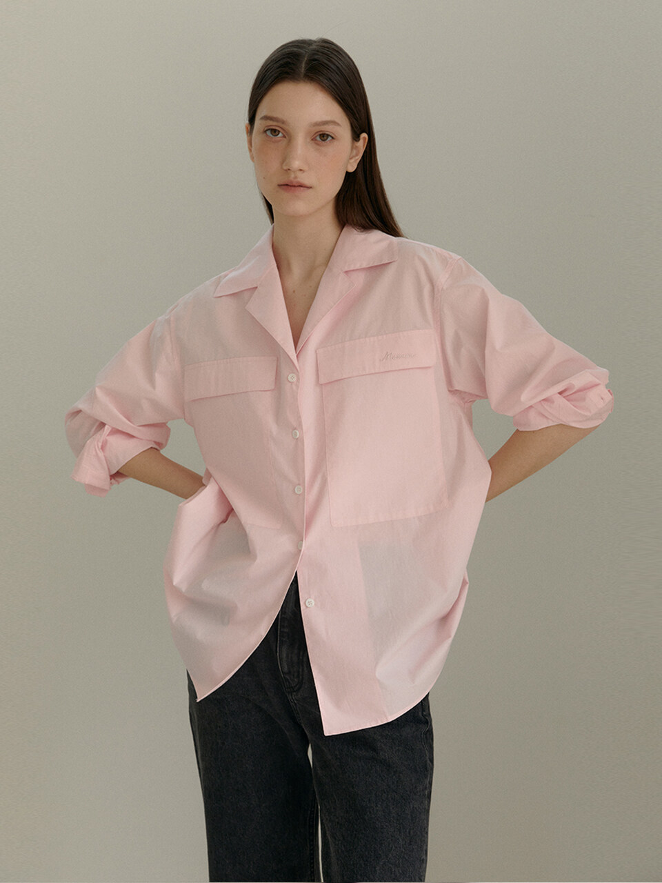 MANNON Classic Flap Pocket Open Collar Blouse_Ligh