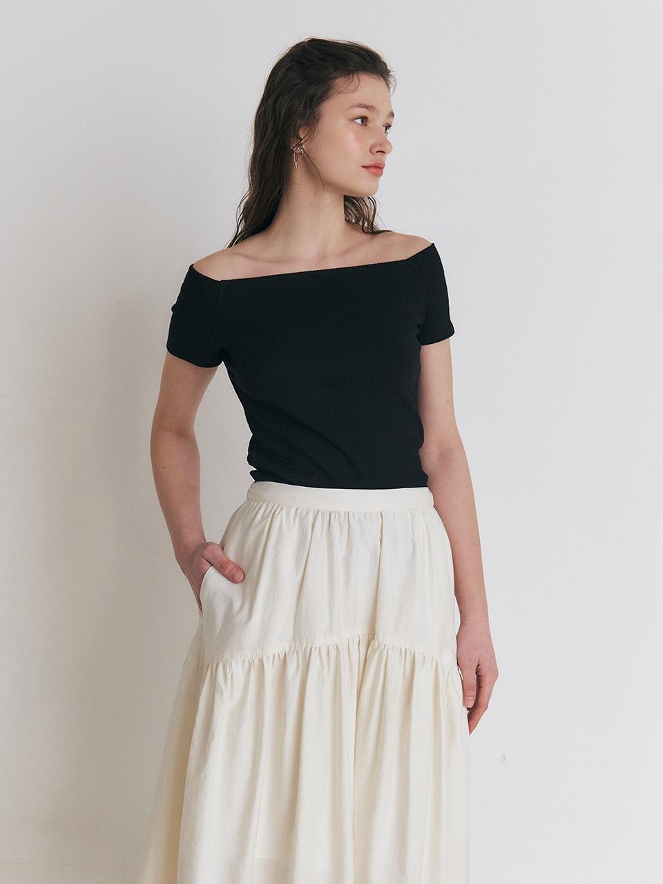 MANNON MANNON Off-shoulder Ribbed T-shirt_Black