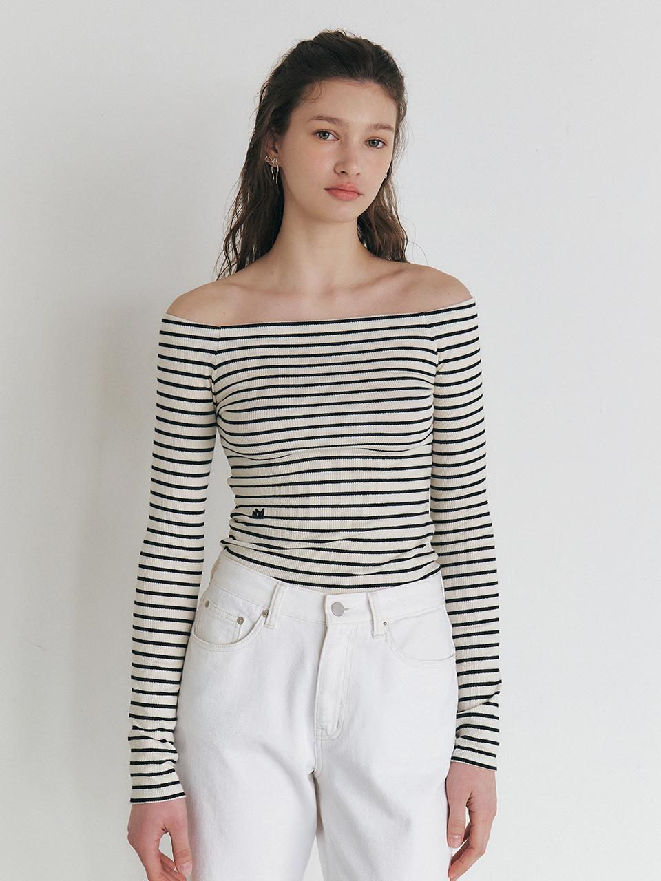 MANNON MANNON Off-shoulder Stripe T-shirt_Black Stripe